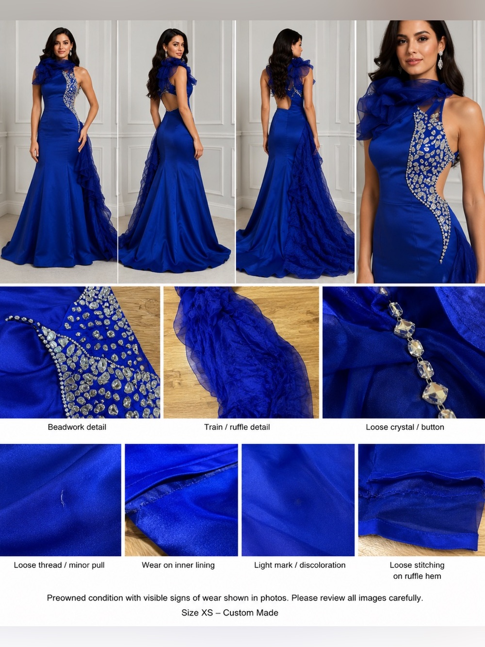 Custom Made Royal Blue Rhinestone Mermaid Prom Dress Size S One Shoulder Gown